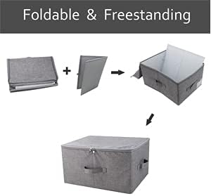 Folding Storage Box with Zip Lid and Handles, Rigid Storage Baskets With Linen Fabric& Plastic Board, Closet Shelf Drawers,Dark Gray, 2 pcs...