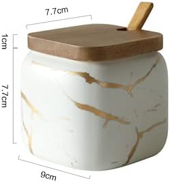 Marble Ceramics Sugar Bowl Ceramic Seasoning Box Ceramic Spice Jars Porcelain Condiment Pots with Lid and Spoon (White)...