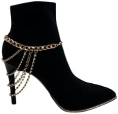 Women Western Fashion Anklet Boot Chain Bracelet Gold Metal Shoe Back Side Wave Multi Strand Charm...