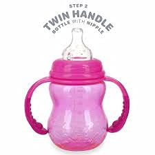 Nuby 3-Stage Wide Neck No Spill Bottle with Handles and Non-Drip Juice Spout, 3 Months, 8 Ounce, Pink...