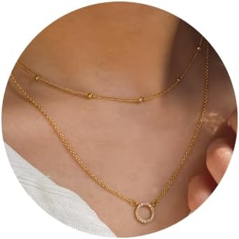 Cowlyn Dainty Layered Necklace Sparkle CZ Circle Pendant Handmade 14k Gold Plated Chain Multilayer Satellite Bead Choker Simple Cute Jewelry Etern...