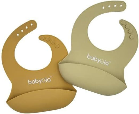 Silicone Baby Bibs with Spill Catcher, Set of 2, Adjustable Waterproof & BPA Free, For Boys And Girls, Babies & Toddlers, Pastel Orange & Yellow...