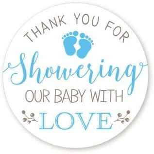 Baby Shower Stickers | Blue | Thank You for Showering Our Baby with Love | 48 Stickers - 1.67 Inches Round | Baby Shower Stickers for Boys | Pitte...