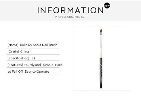 Size 2# Black 100% Kolinsky Sable Acrylic Nail Art Brushes UV Gel Nail Painting Pen Brushes (Size 2)...