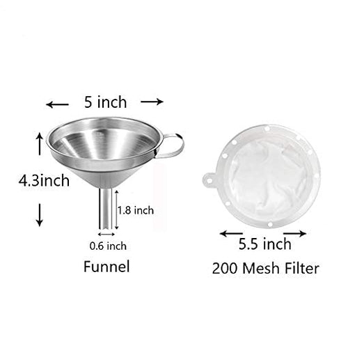 5-Inch Funnel with Fine Mesh Strainer, 304 Stainless Steel Funnel with Extra Fine Mesh Strainer 200 Mesh Cooking Oil Filter Strainer for Juice Str...
