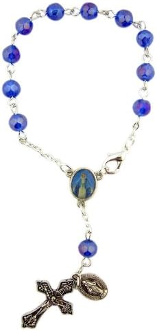 Catholic Gift Our Lady of Grace Mary Travel Protection 6MM Blue Glass Bead 5 3/4 Inch Rearview Mirror Car Truck Auto Rosary...