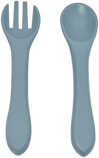 Silicone Fork and Sppon Utensil Set for Babies & Toddlers, BPA Free (Stone-Blue)...