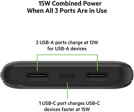 Belkin Power Bank, BoostCharge USB-C Portable Charger 10k w/ 1 USB-C Port and 2 USB-A Ports with USB-A to USB-C Cable for iPhone 15, 15 Plus, 15 P...