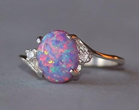 Exquisite Women's 925 Plate Silver Ring Oval Cut Created-Fireopal Diamond Jewelry Birthday Proposal Gift Bridal Engagement Party Band Rings Size 5...