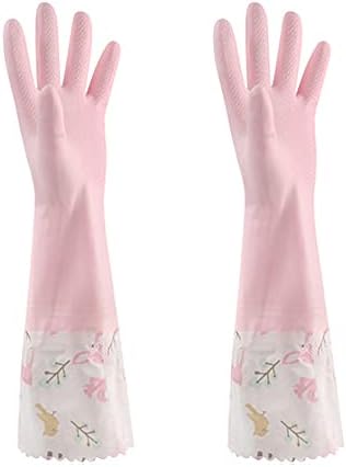 1 Pair Pink Flower Rubber Gloves Non-slip Waterproof Warmer Winter Household Dishwashing Long Cuff Latex Glove With Fleece Lining Flower Style Ran...