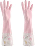 1 Pair Pink Flower Rubber Gloves Non-slip Waterproof Warmer Winter Household Dishwashing Long Cuff Latex Glove With Fleece Lining Flower Style Ran...