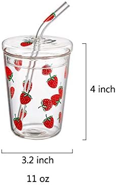 10 Oz Lovely Strawberry Clear Glass Tumbler with Lid and Straw....