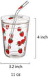 10 Oz Lovely Strawberry Clear Glass Tumbler with Lid and Straw....