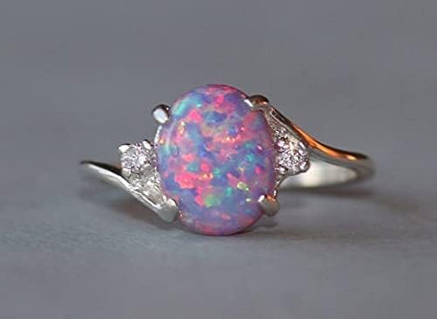 Exquisite Women's 925 Plate Silver Ring Oval Cut Created-Fireopal Diamond Jewelry Birthday Proposal Gift Bridal Engagement Party Band Rings Size 5...
