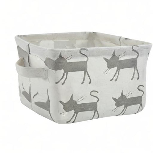 Mziart Small Foldable Canvas Storage Basket with Handles, Cotton Linen Storage Bin Organizer for Nursery Kids Shelves & Desks (Grey Cat)...