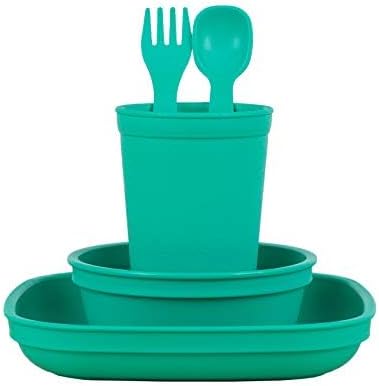 Re-Play Kids Dinnerware Set - 10 oz. Open Cup, 7" Flat Plate, 12 Oz. Bowl, Rounded Tip Fork and Deep Scoop Spoon - Dishwasher/Microwave Safe - Mad...