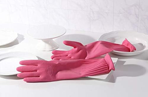 (2 Pairs Reusable Waterproof Household Dishwashing Non-Slip Cleaning Latex Rubber Kitchen Gloves (Pink, XX-Large)...