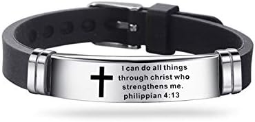 Inspirational Quote Cross Bracelets Faith Christian Bible Verse Silicone ID Wristband Religious Gifts for Men Women Boys Girls Stainless Steel Rub...
