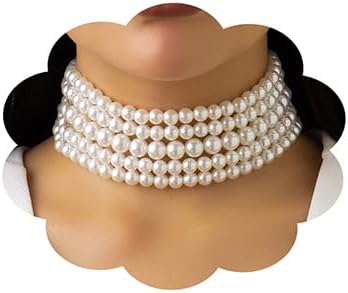 5 Layers Strand Round Imitation Pearl Choker Necklace Vintage Multi Strands Necklace Collar Choker Pearl Statement Bridal Choker Necklace for Wedd...