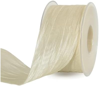 TONIFUL 2 Inch x 25 Yards Wide Beige White Crinkled Ribbon Silk-Like Wrinkled Ruffled Woven Solid Ribbons for Crafts Floral Bouquets Rustic Weddin...