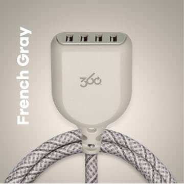 360 Electrical Habitat 4.8, 6 ft 4-Port USB Extension Cord, Durable Braided Casing, French Grey, 4.8A, USB Charger Cable, Power Strip USB Hub Char...
