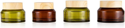 4 Pack 50g Empty Glass Cosmetic Cream Jars Cosmetic Container,Portable Refillable Travel Size Cream Jar Pot Bottle with Wood Grain Plastic Lids fo...