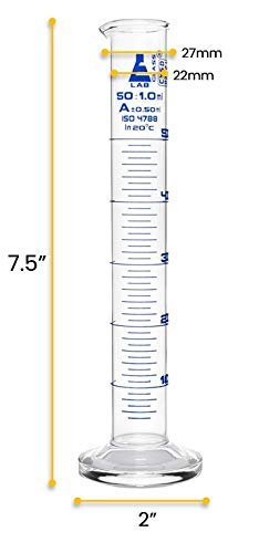 EISCO Graduated Cylinder, 50ml - Class A Tolerance ±0.50ml - Round Base - Blue Graduations - Borosilicate 3.3 Glass...