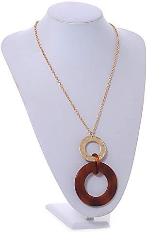Large Matte Gold Tone, Brown Tortoise Shell Effect Double Circle Pendant with Gold Tone Chain - 76cm L/ 7cm Ext/ 10cm Pendant...