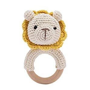 Wooden Baby Rattle Crochet Lion Baby Toys Handmade Newborn Toy Early Development Grips Stuffed Animal Organic Rattle...