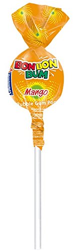 Colombina Bon Bon Bum Lollipops w/Bubble Gum Center, Mango Flavor, Individually Wrapped, Ideal for Party Favors and Gifts, 1 Pack (24 Count)...