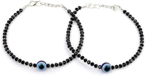 Evil Eye Bracelet/Anklets Layered Amulet Nazar for Women - Minimalist Jewelry - Silver & Black Glass Beads - Evil Eye Anklet Bracelet for Girls Ha...
