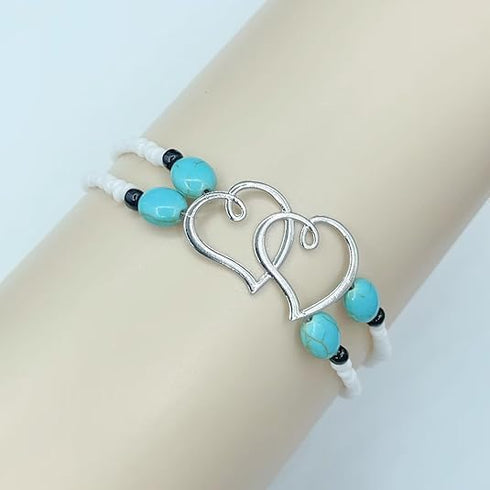 Elastic Beaded Ankle Bracelet for Women Double Layered Beaded Anklet Hollow Hearts Stretch Anklet Cute Boho Heart Foot Jewelry for Summer Beach We...