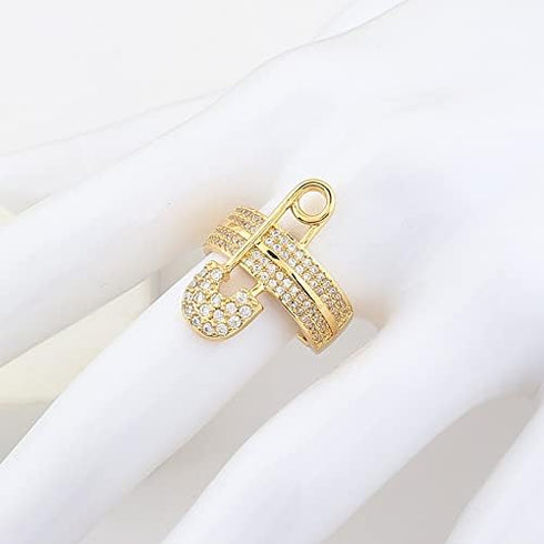 NewZenro Wide Flat CZ Safety Pin Chunky Open Rings Fashion Cubic Zirconia Paved Expandable Engagement Promise Statement Band Rings 14k Gold Plated...
