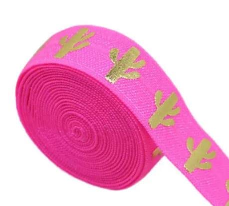 Fold Over Elastic Printed Ribbon for Hair Ties, 5/8 Inch Wide, FOE DIY 10 Yard Roll (Pink Cactus)...