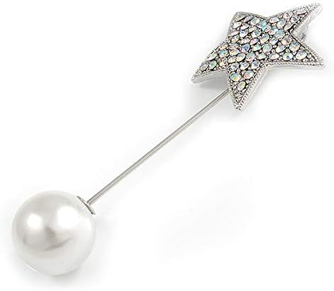 AB Crystal Star, Pearl Bead Lapel, Hat, Suit, Tuxedo, Collar, Scarf, Coat Stick Brooch Pin In Silver Tone Metal - 70mm L...