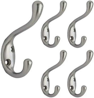 QCAA Premium Quality Heavy Duty Coat and Hat Hook Hanger, 3-3/8", Zinc Die Cast, Satin Nickel, 5 Pack, Made in Taiwan...