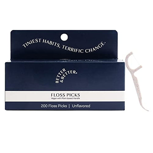 Better & Better Floss Picks (Box of 200) | Unflavored Vegan Dental Floss Picks for Adults & Kids | Biodegradable Plant-Based Handles & Sturdy Flos...