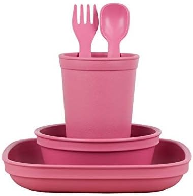 Re-Play Made in USA Toddler Dinnerware Set - 10 oz. Open Cup, 7" Flat Plate, 12 Oz. Bowl, Rounded Tip Fork and Deep Scoop Spoon - Dishwasher/Micro...