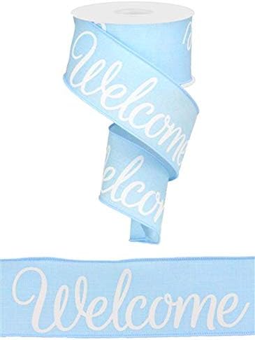 Welcome Canvas Wired Edge Ribbon, 2.5" x 10 Yards (Pale Blue, White)...