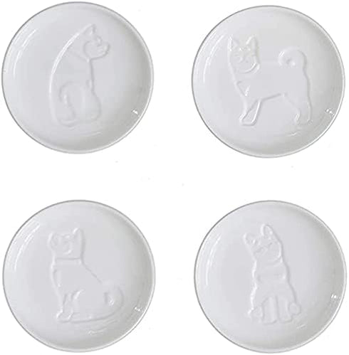 4pcs Ceramics Shiba Dog Relief Seasoning Dishes Sushi Dipping Bowl Appetizer Plate - 3.5 inches...