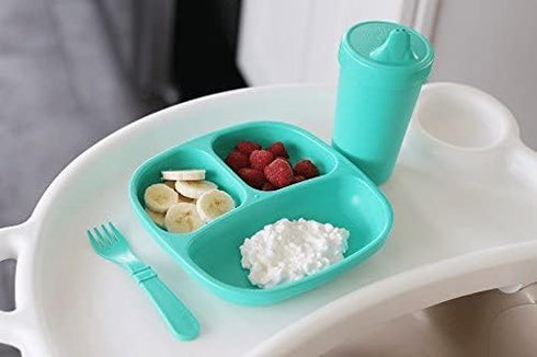 Re-Play Toddler Dinnerware Set - No-Spill Sippy Cup, 7" Divided Plate, Rounded Tip Fork and Deep Scoop Spoon - Dishwasher and Microwave Safe - Mad...