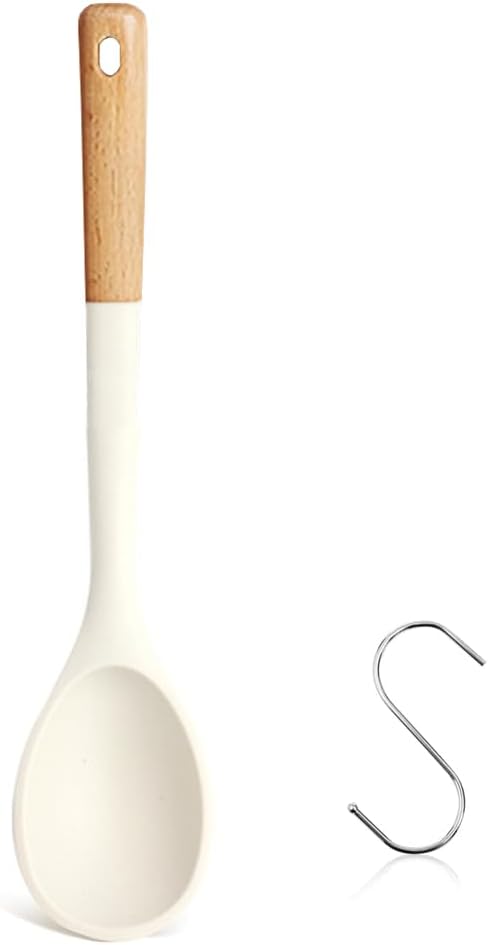 Large Silicone Cooking Spoons, Nonstick Solid Wooden Handle Kitchen Spoons, Heat Resistant Silicone Rubber Spoonula for Cooking, Serving, Basting,...
