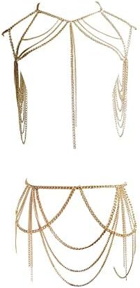 Sexy halloween women's body chain set layered chain necklace bra waist chain summer fashion Bohemian jewelry set beach party set (silvery-6985)...
