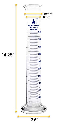EISCO Graduated Cylinder, 500ml - Class B Tolerance ±5.00ml - Round Base - Blue Graduations - Borosilicate 3.3 Glass...