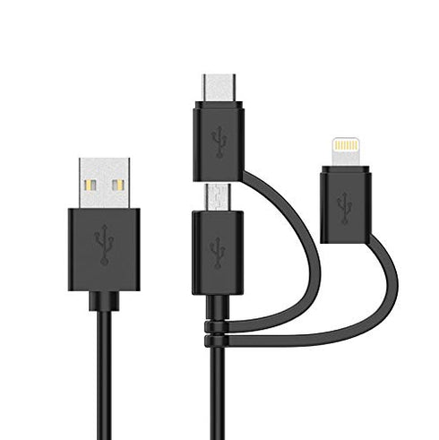 Apple MFI Certified 3-in-1 Cable, Lightning/Type C/Micro USB Cable for iPhone, iPad, Huawei, HTC, LG, Samsung Galaxy, Sony Xperia, Android Smartph...