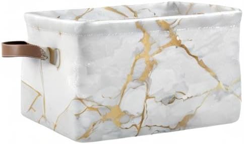 White Gold Marble Storage Basket Bin Large Fabric Toys Storage Cube Box with Handles Collapsible Closet Shelf Cloth Organizer Basket for Nursery B...