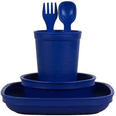 Re-Play Kids Dinnerware Set - 10 oz. Open Cup, 7" Flat Plate, 12 Oz. Bowl, Rounded Tip Fork and Deep Scoop Spoon - Dishwasher/Microwave Safe - Mad...
