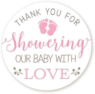 Baby Shower Stickers | Pink | Thank You for Showering Our Baby with Love | 48 Stickers - 1.67 Inches Round | Baby Shower Stickers for Girls | Pitt...