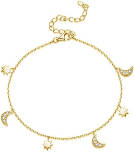 Dainty Star and Moon Anklet 925 Sterling Silver CZ Crystal Adjustable Dangle Charm Beach Foot Anklets Bracelet Summer Foot Jewelry for Women...