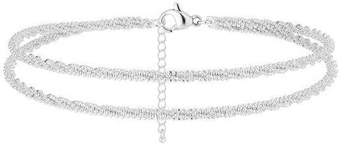 Sterling Silver Ankle Bracelets for Women, Double Layered Silver Glitter Anklets Fashion Daily Anklet Summer Beach Foot Chain Jewelry Gifts for Wo...